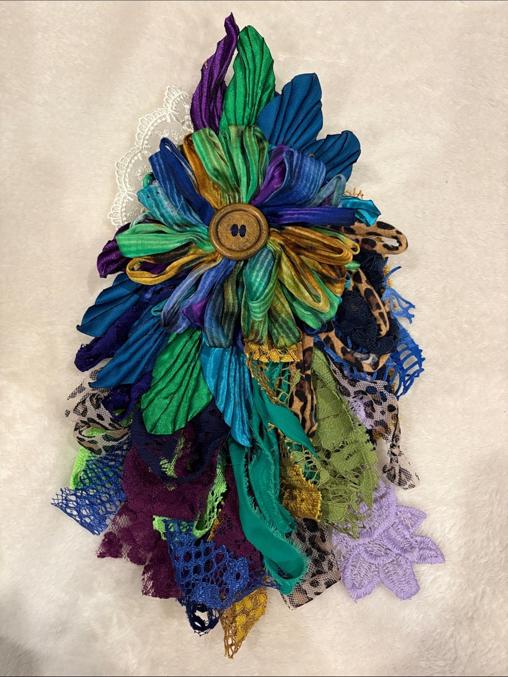 Multicolor Purple Green Leopard Fabric Flower Brooch with Button Center